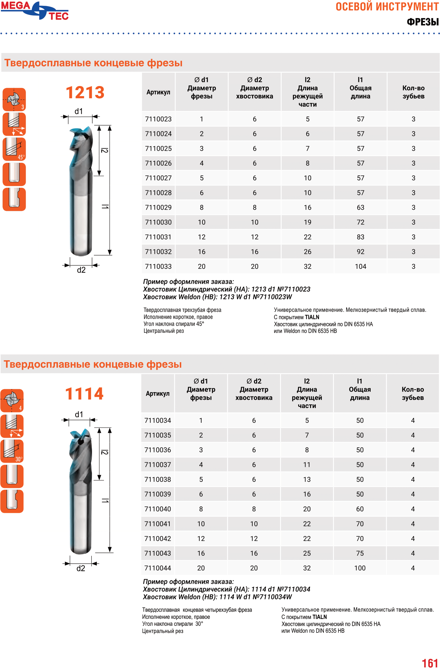 Фрезы концевые твёрдосплавные MEGA-TEC 1213 1114